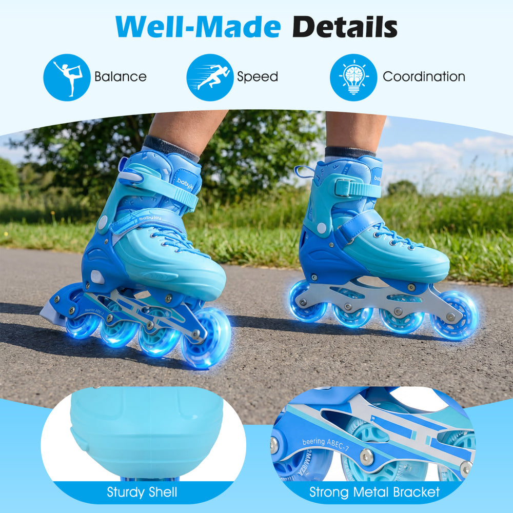 Kids' adjustable blue inline skates with light-up wheels, sturdy shell, and strong metal bracket for balance and.