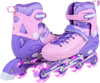 Adjustable purple inline skates for kids with light-up wheels, featuring secure ankle support and shock-absorbing.
