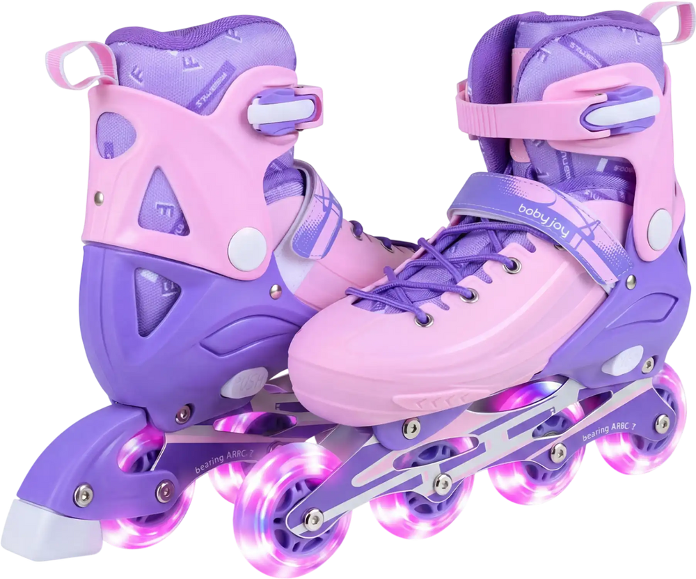 Adjustable purple inline skates for kids with light-up wheels, featuring secure ankle support and shock-absorbing.