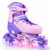 Adjustable purple inline skates for kids with light-up wheels, designed for ages 9-14, featuring secure ankle support.
