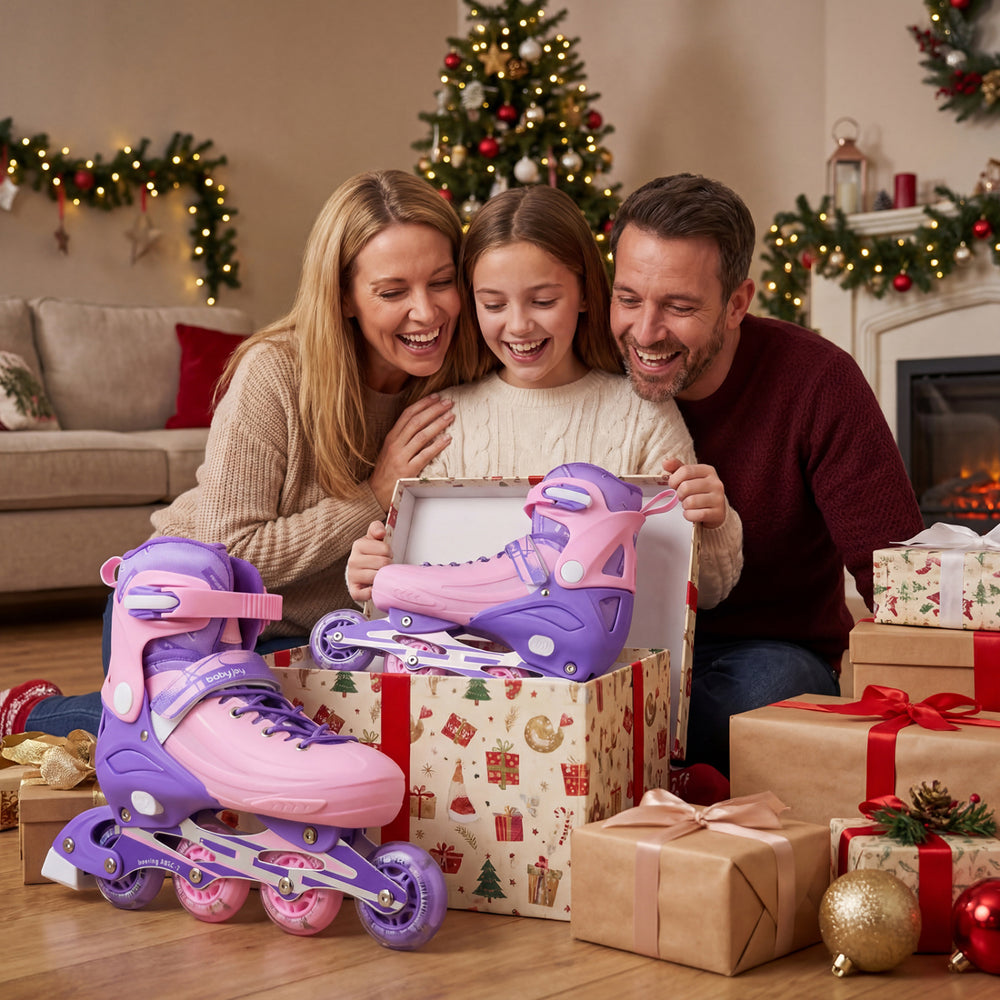 Adjustable purple kids inline skates with light-up wheels, perfect for ages 9-14, showcased in a festive family setting.