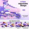 Purple 4-size adjustable inline skates for kids with light-up wheels, designed for ages 9-14, featuring secure ankle.