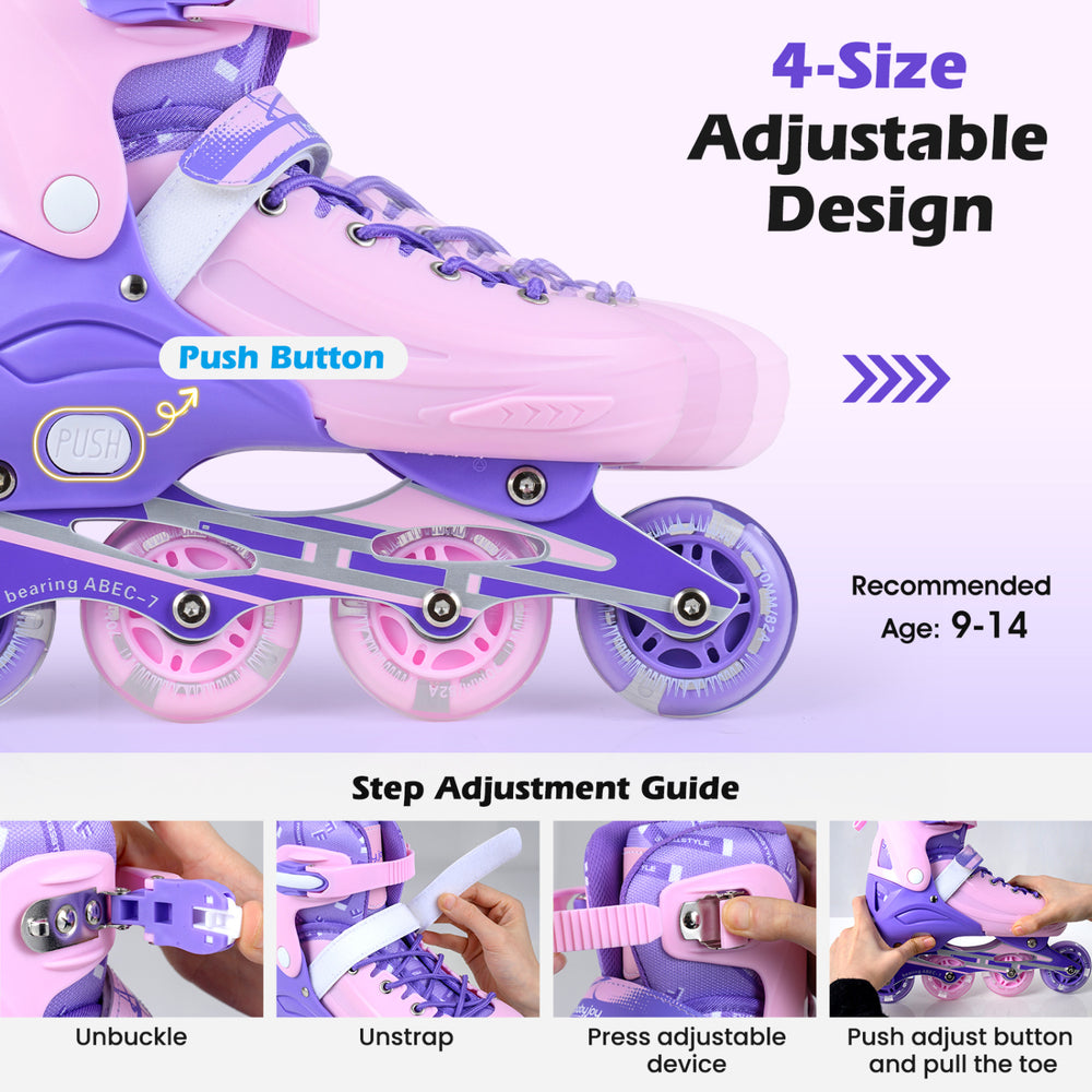 Purple 4-size adjustable inline skates for kids with light-up wheels, designed for ages 9-14, featuring secure ankle.