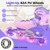 Adjustable purple inline skates with light-up 82A PU wheels for kids, featuring ABEC-7 bearings and secure ankle.