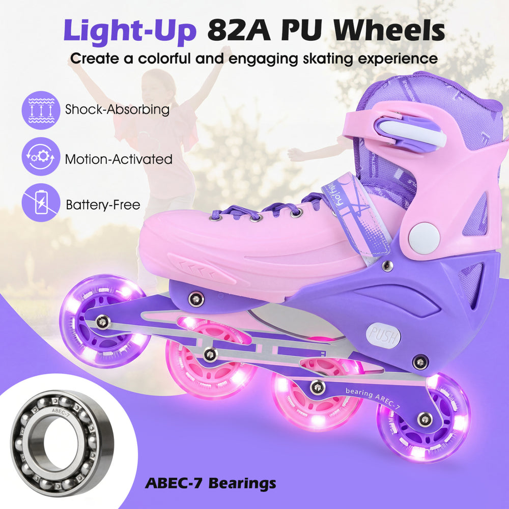Adjustable purple inline skates with light-up 82A PU wheels for kids, featuring ABEC-7 bearings and secure ankle.