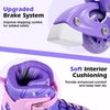 Close-up of the upgraded brake system and soft interior cushioning of purple adjustable inline skates for kids.