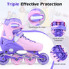 Adjustable purple inline skates with LED wheels, secure buckles, and breathable mesh for kids ages 9-14.
