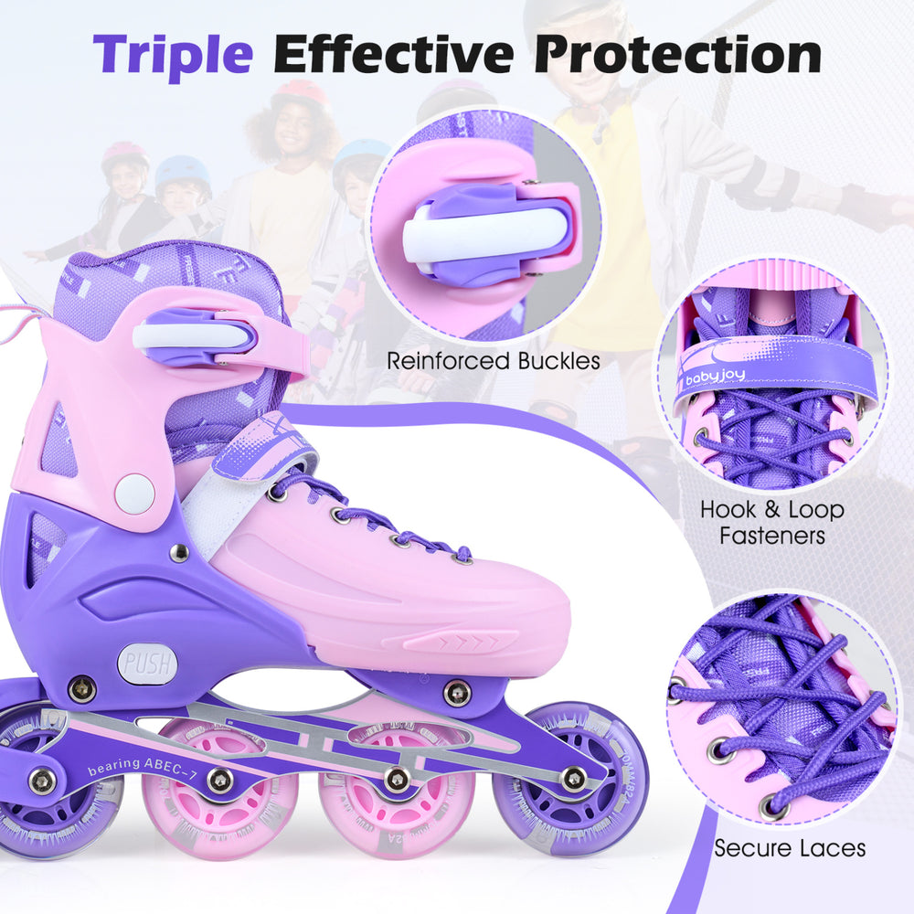 Adjustable purple inline skates with LED wheels, secure buckles, and breathable mesh for kids ages 9-14.