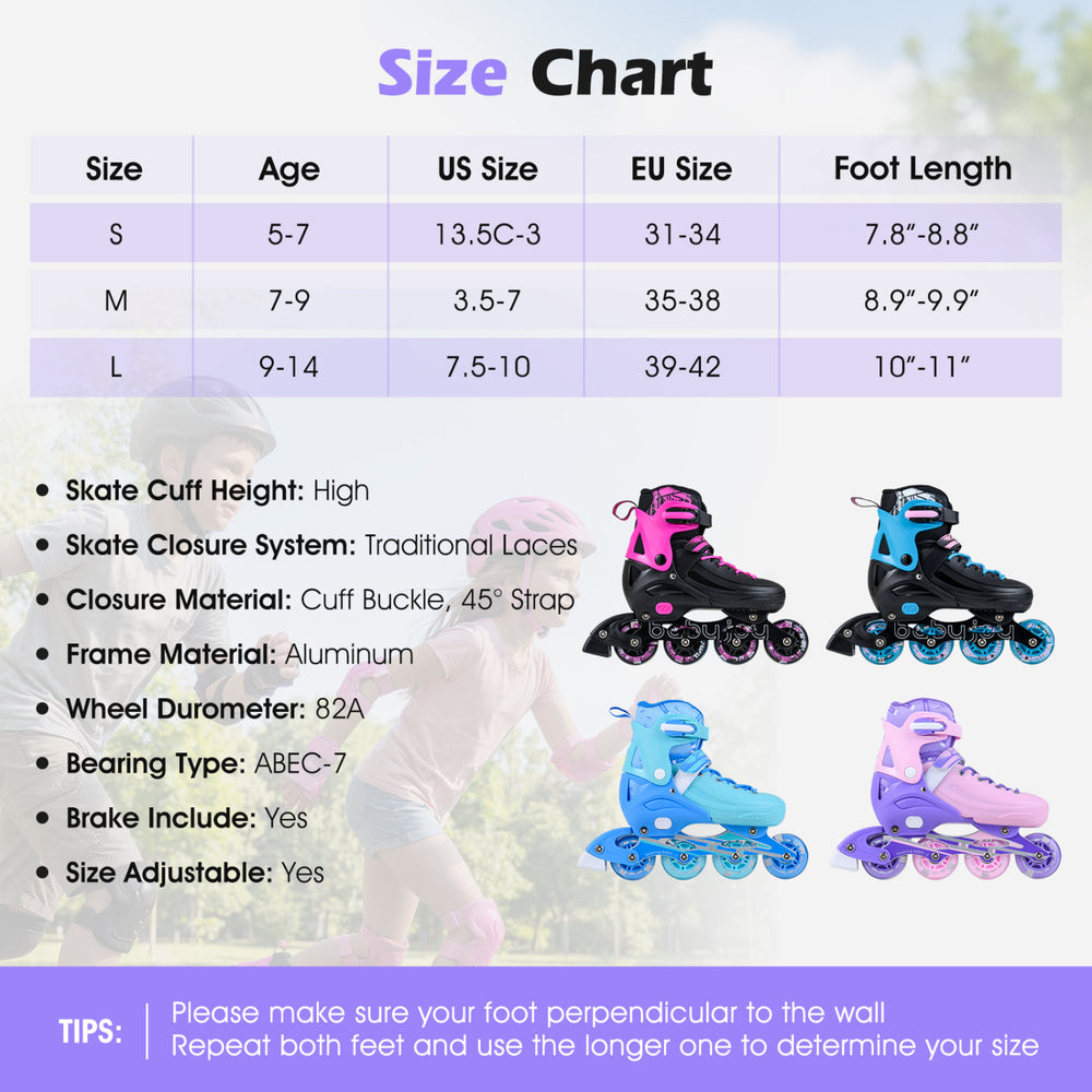 Adjustable purple inline skates for kids ages 9-14 with light-up wheels, breathable mesh, and secure ankle support.