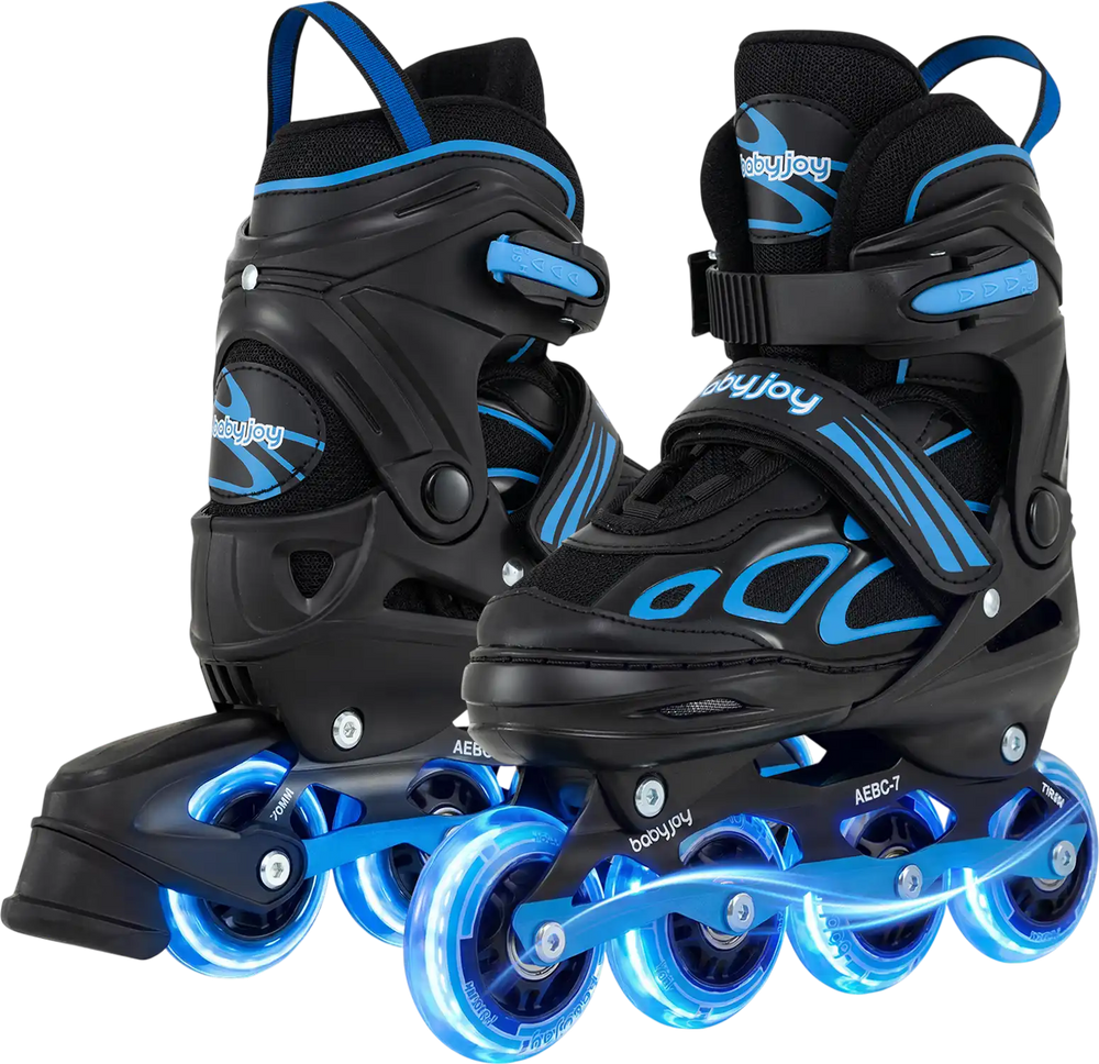 Adjustable youth roller skates in blue with light-up wheels, featuring safety straps and durable PU wheels for smooth.