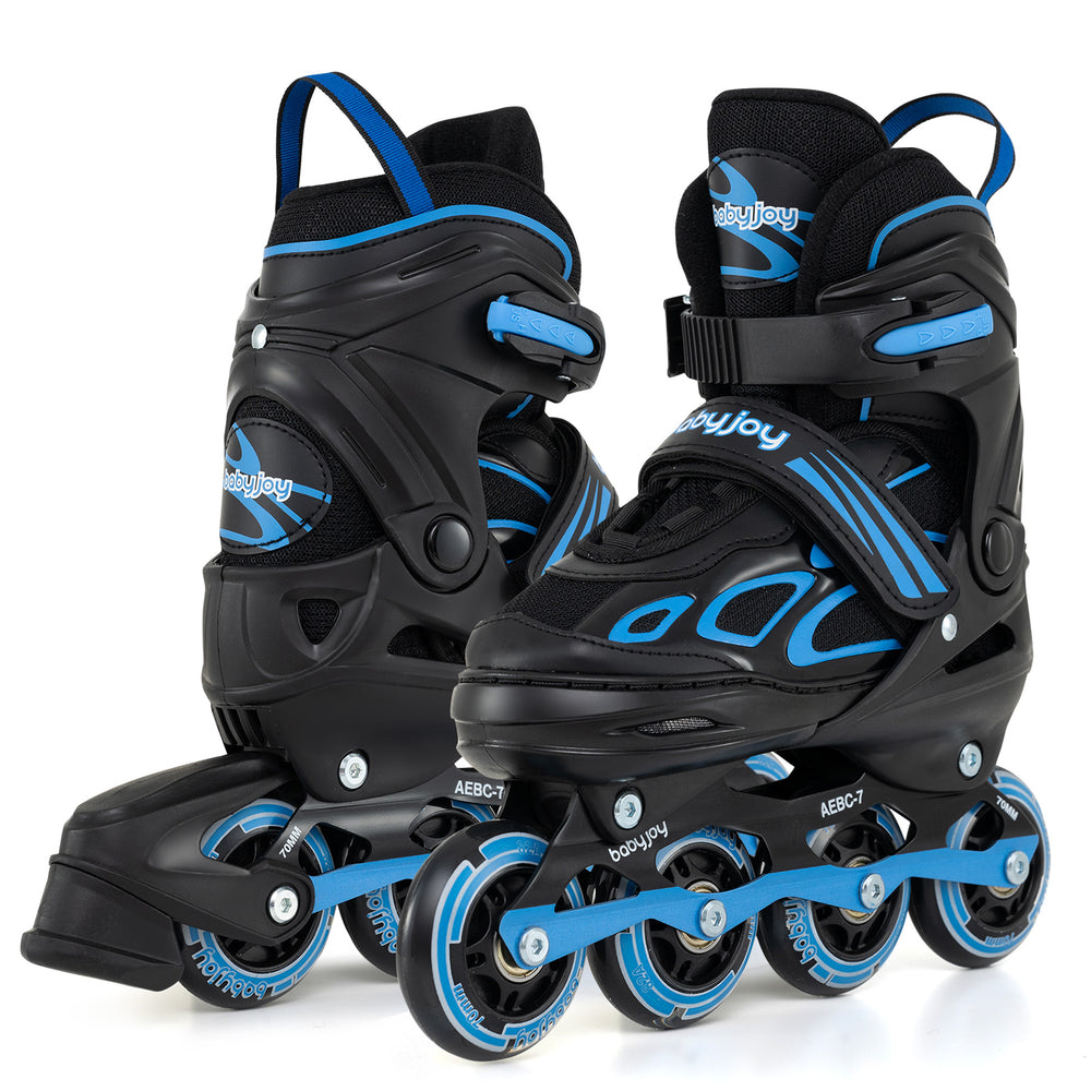 Adjustable youth roller skates in blue with light-up wheels, featuring durable PU wheels and triple safety protection.