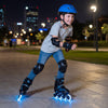 Youth roller skates in blue with light-up wheels, adjustable sizes, and safety features for smooth skating.