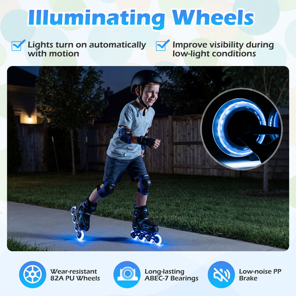 Adjustable blue roller skates with illuminating wheels, designed for youth, featuring wear-resistant 82A PU wheels and.