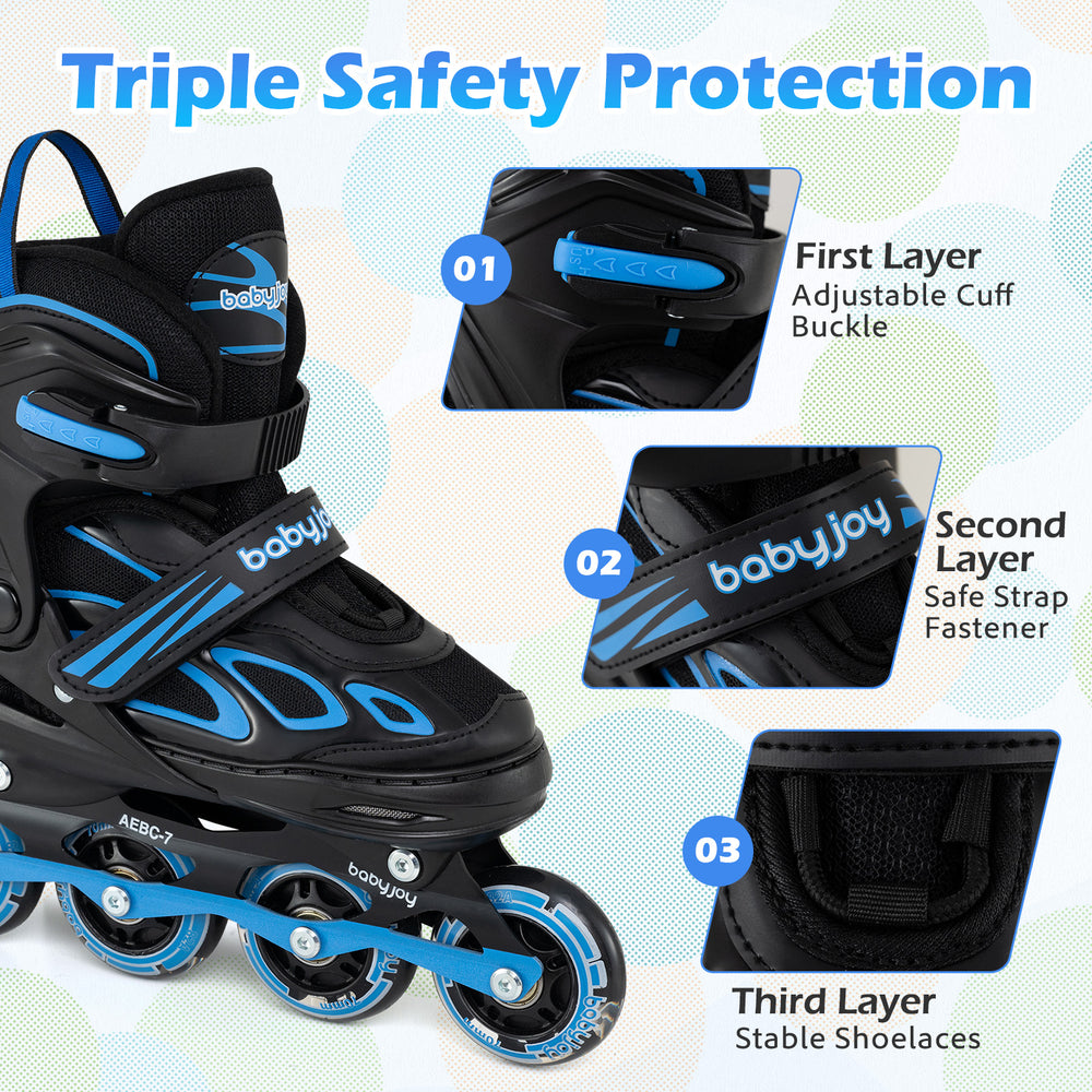 Adjustable blue roller skates with light-up wheels, featuring triple safety protection and breathable material for.