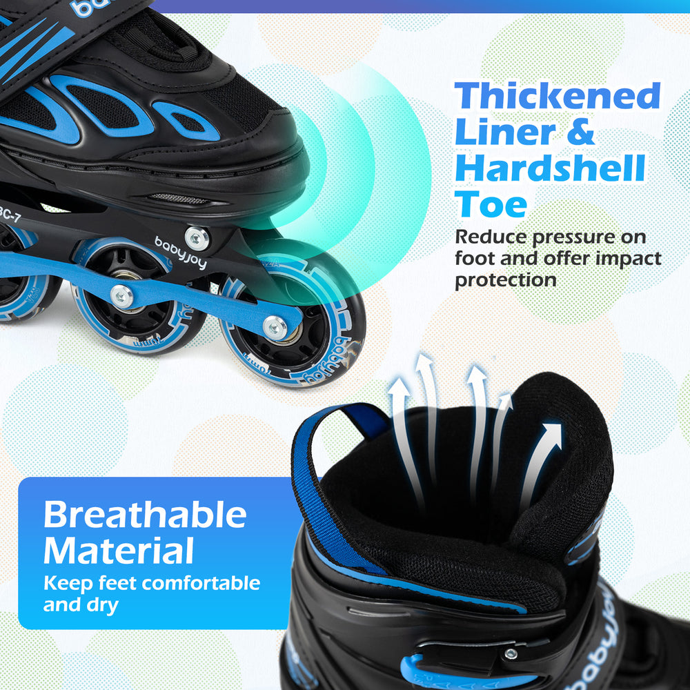 Adjustable blue roller skates with thickened liner, hardshell toe, and breathable material for youth comfort and safety.