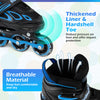 Adjustable blue roller skates with thickened liner, hardshell toe, and breathable material for youth comfort and safety.