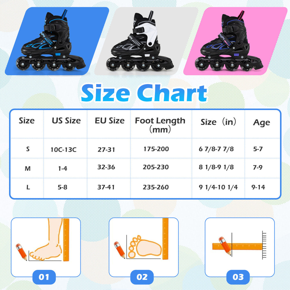 Size chart for adjustable blue roller skates with light-up wheels, suitable for youth ages 5-7, showing foot length.