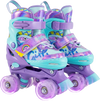 Adjustable purple kids roller skates with light-up wheels, featuring colorful graffiti and triple safety protection.