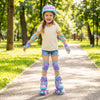Kids roller skates in purple with light-up wheels, adjustable sizes, and safety gear for fun outdoor skating.