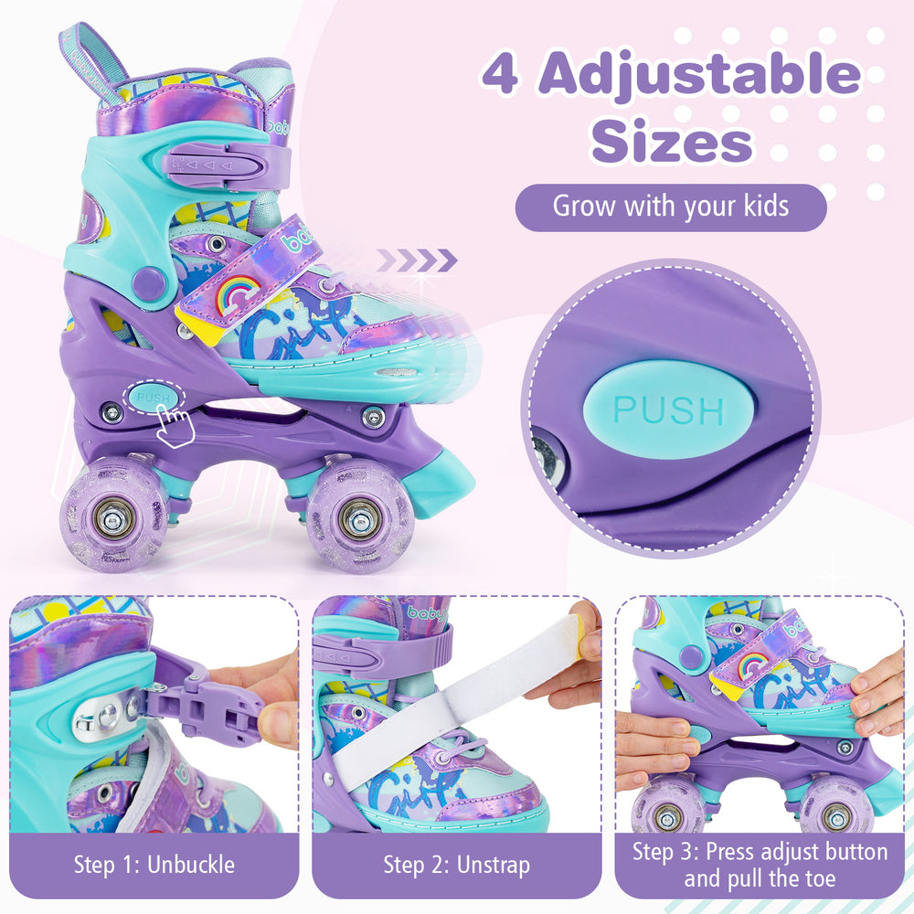 Kids roller skates in purple with adjustable sizes, light-up wheels, and safety features for fun and secure skating.