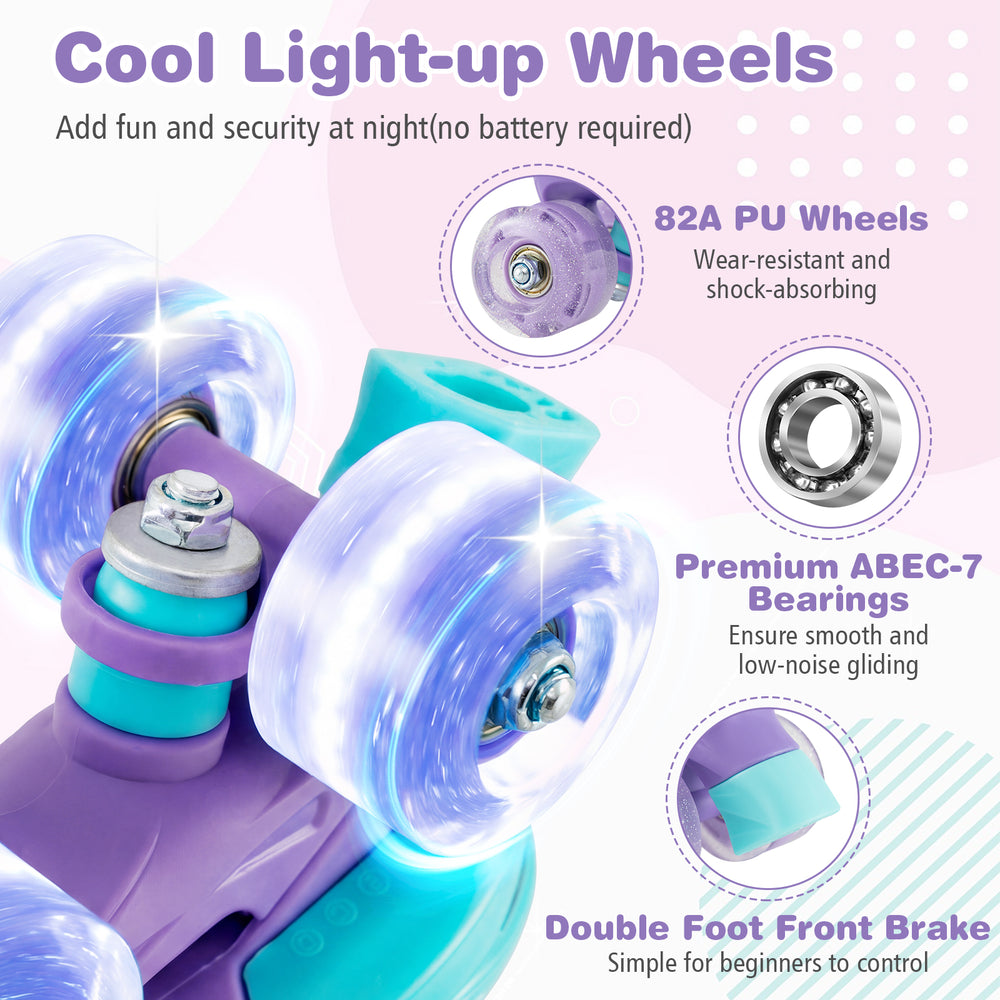 Adjustable kids roller skates in purple with light-up wheels, featuring 82A PU wheels and ABEC-7 bearings for smooth.