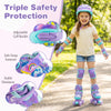 Kids roller skates in purple with light-up wheels, featuring adjustable sizes and triple safety protection for secure.