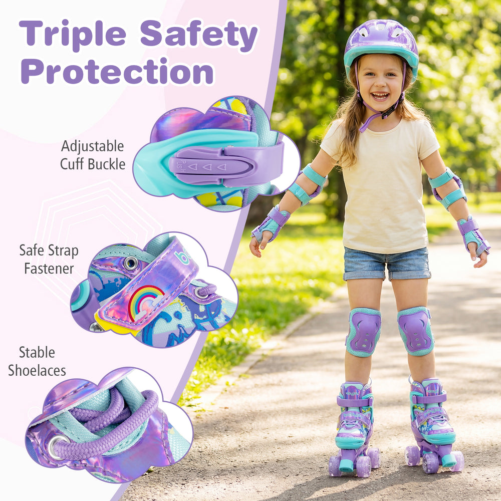 Kids roller skates in purple with light-up wheels, featuring adjustable sizes and triple safety protection for secure.