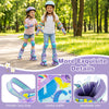 Adjustable kids roller skates in purple with light-up wheels, colorful graffiti, and breathable liner for comfort.