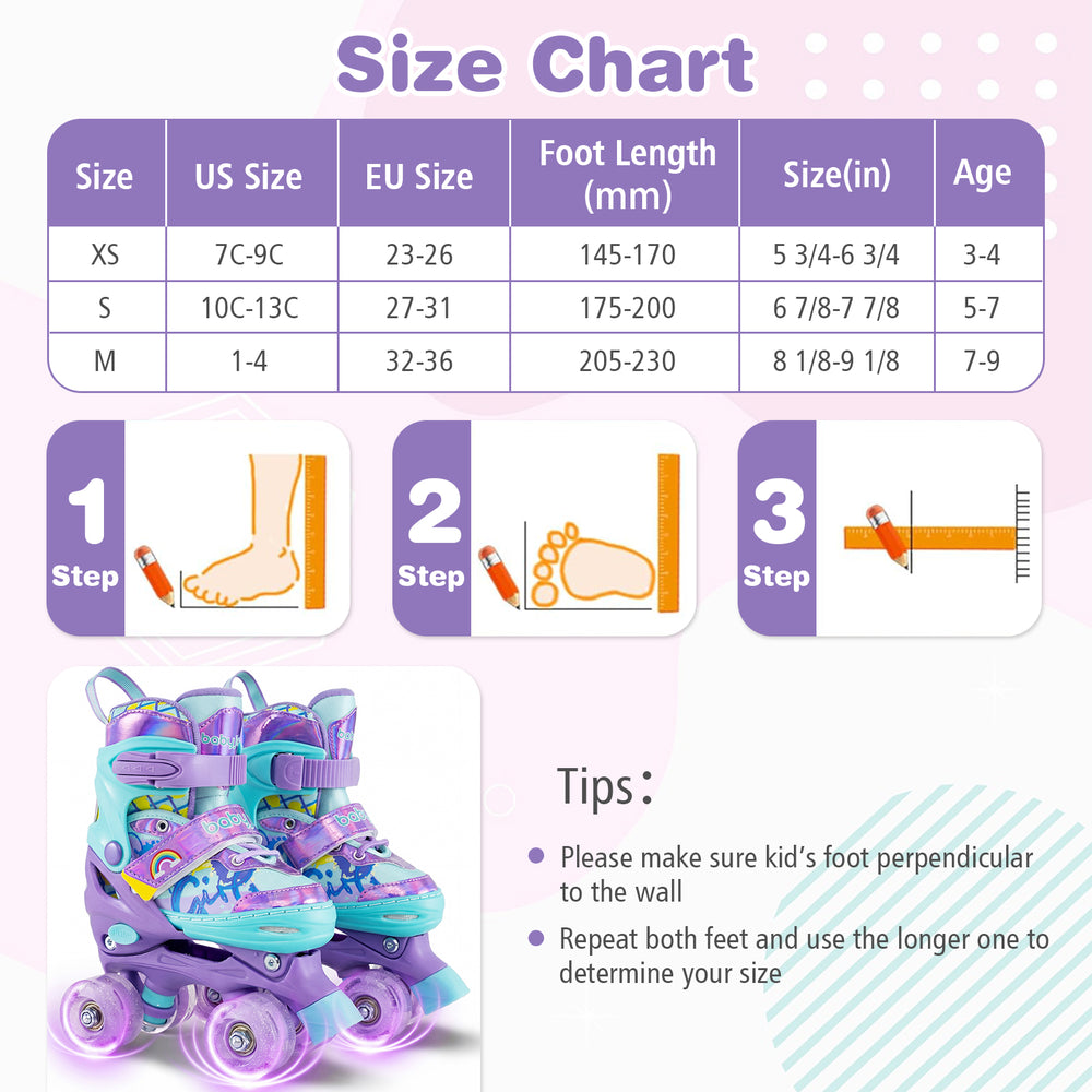 Adjustable kids roller skates in purple with light-up wheels, featuring safety protection and breathable liner for.