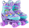 Adjustable kids roller skates in purple with light-up wheels, featuring colorful graffiti and safety protection for.