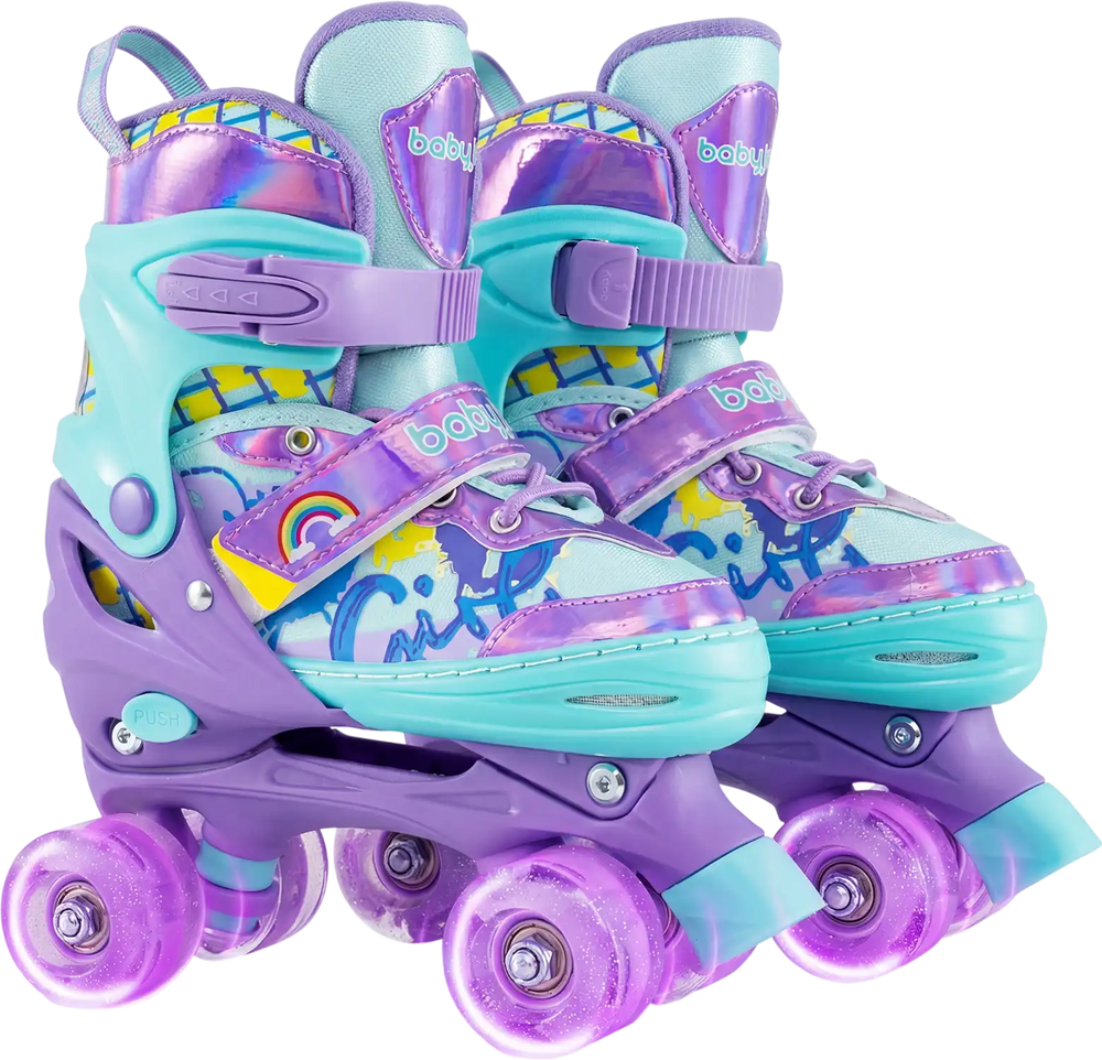 Adjustable kids roller skates in purple with light-up wheels, featuring colorful graffiti and safety protection for.