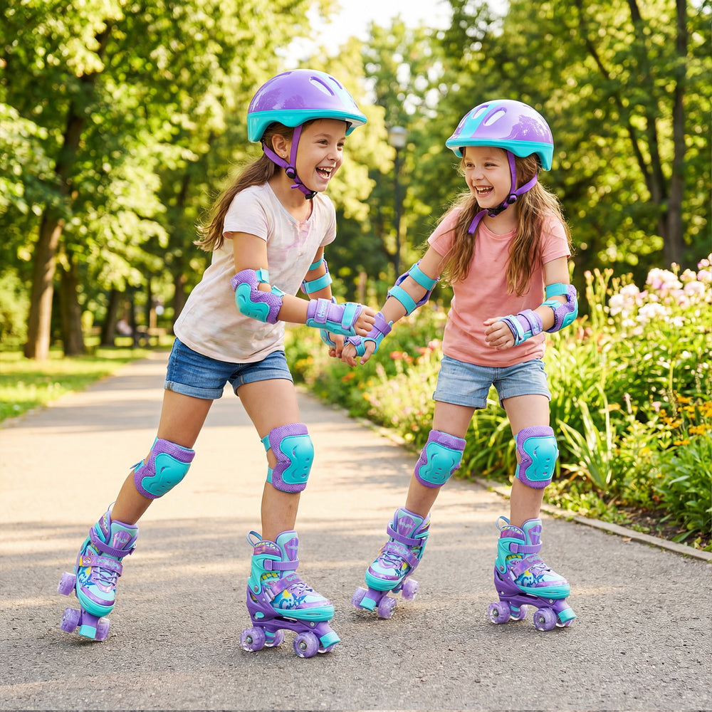 Two kids in purple adjustable roller skates with light-up wheels, enjoying a fun day outdoors in a park.