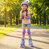 Adjustable purple kids roller skates with light-up wheels, safety gear, and breathable liner for fun outdoor skating.