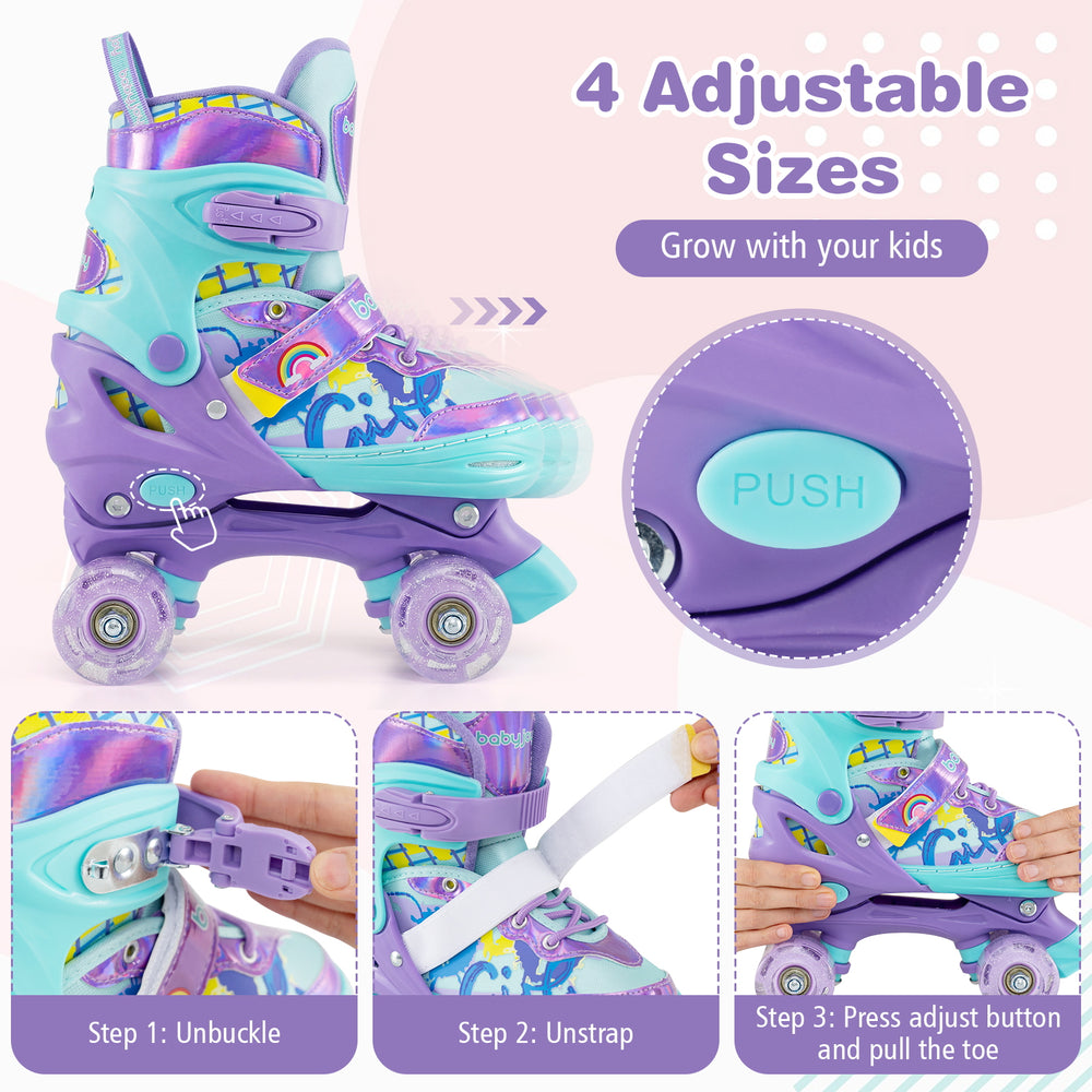 Adjustable kids roller skates in purple with light-up wheels, featuring safety straps and breathable liner for comfort.