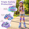 Kids roller skates in purple with light-up wheels, featuring adjustable cuff buckle and safety strap for secure fit.