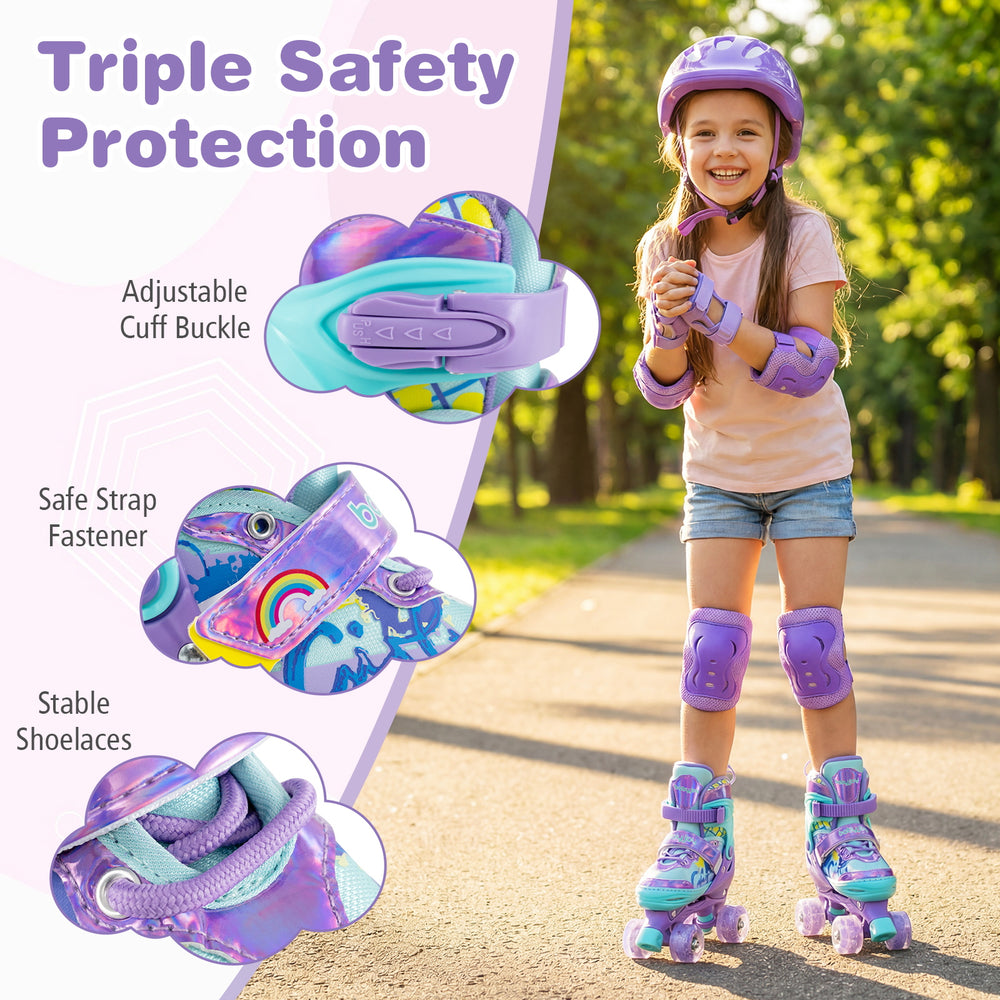 Kids roller skates in purple with light-up wheels, featuring adjustable cuff buckle and safety strap for secure fit.