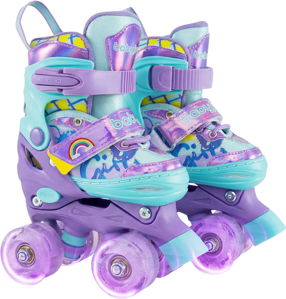 Adjustable kids roller skates in purple with light-up wheels, featuring safety straps and colorful graffiti design.