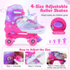 Adjustable pink roller skates for kids with light-up wheels, featuring a secure fit and breathable mesh lining.