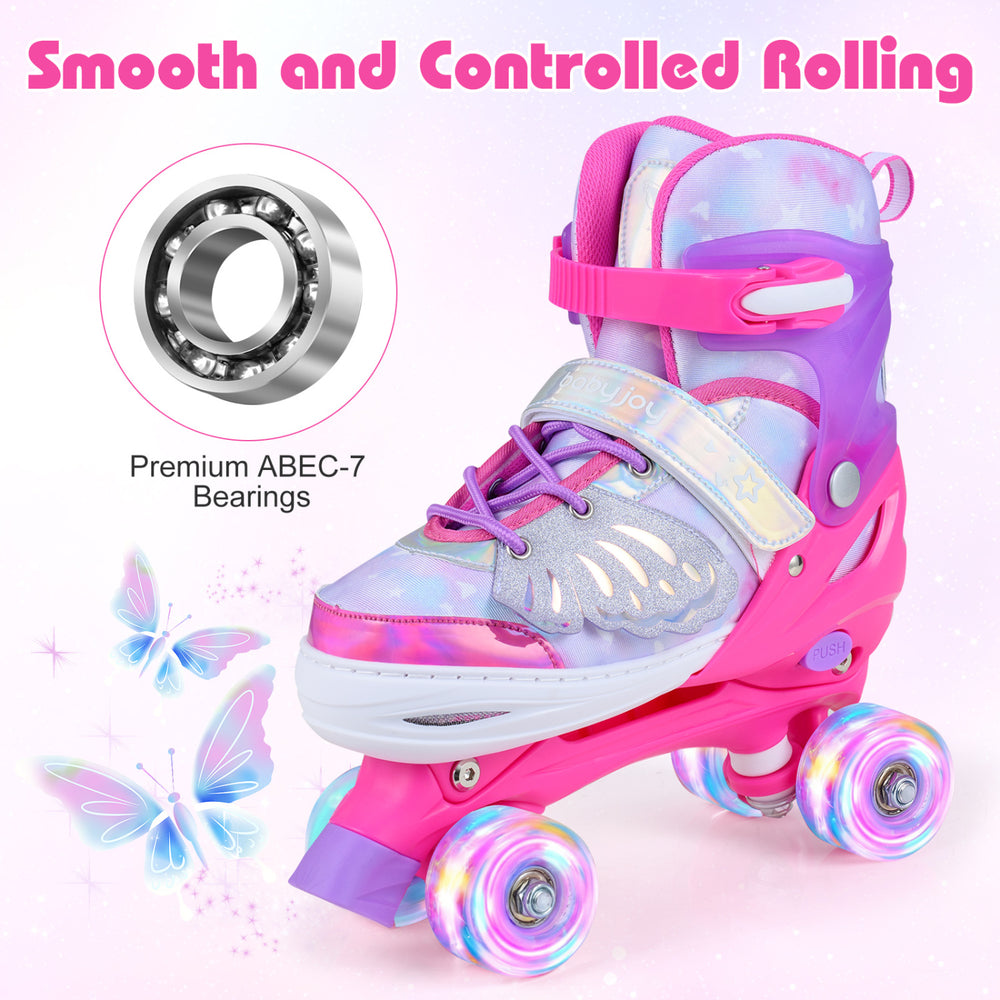 Adjustable pink roller skates for kids with light-up wheels, featuring ABEC-7 bearings for smooth, controlled rolling.