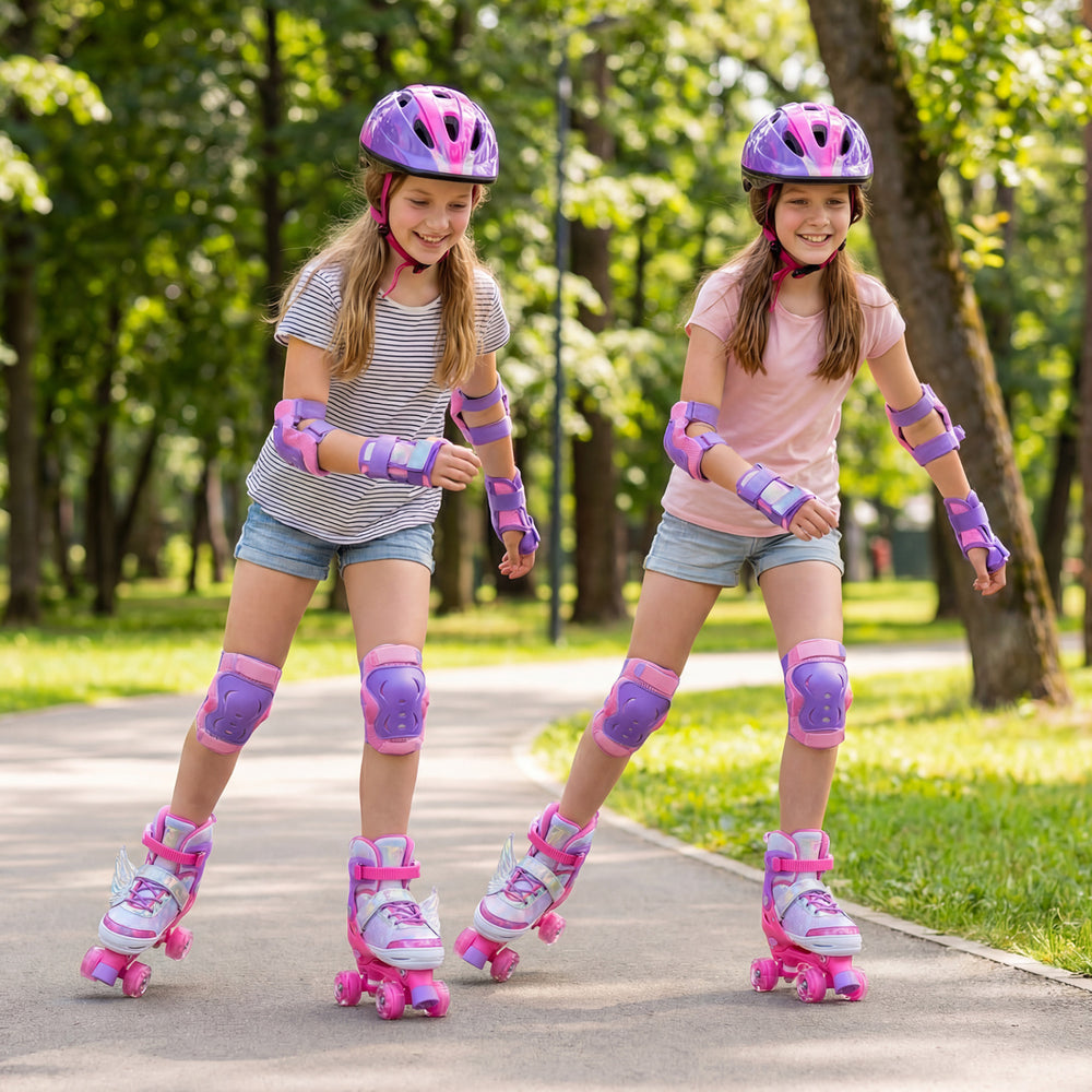 Two girls roller skating in a park wearing adjustable pink roller skates with light-up wheels, perfect for ages 9-14.