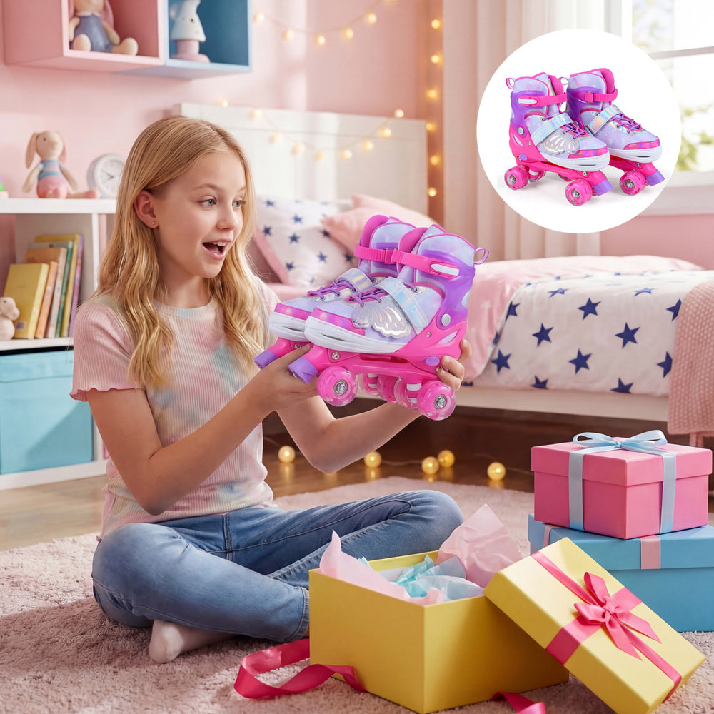 Adjustable pink kids roller skates with light-up wheels, perfect for toddlers ages 9-14, shown in a playful setting.