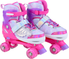 Adjustable kids roller skates in pink with butterfly design and light-up wheels, perfect for toddlers ages 9-14.