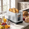 Toaster with a defrost button and easy-to-clean stainless steel design, ideal for quick and efficient breakfast prep.