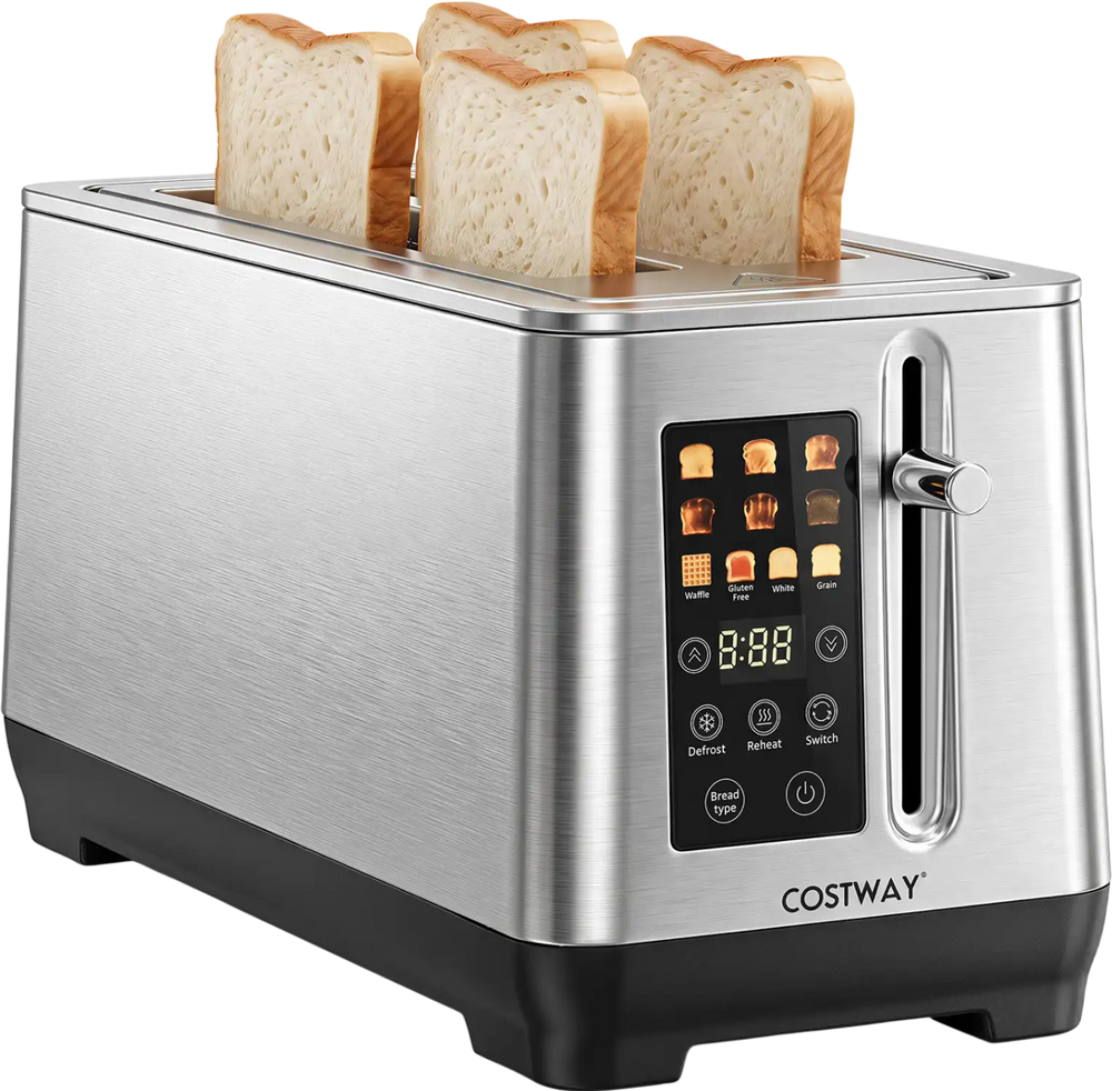 Stainless steel toaster with 6 browning levels and 4 bread types, featuring an intuitive LED display for easy operation.