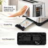 Wipe-clean stainless steel toaster features 6 browning levels and a crumb tray for easy maintenance and tidy storage.