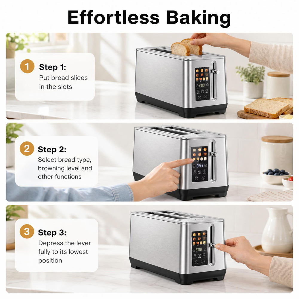 Toaster with intuitive LED display, 6 browning levels, and 4 bread types for effortless baking and consistent results.