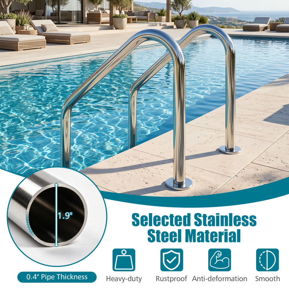 4-step inground pool ladder made of premium stainless steel with anti-skid steps and curved handrails for safety.