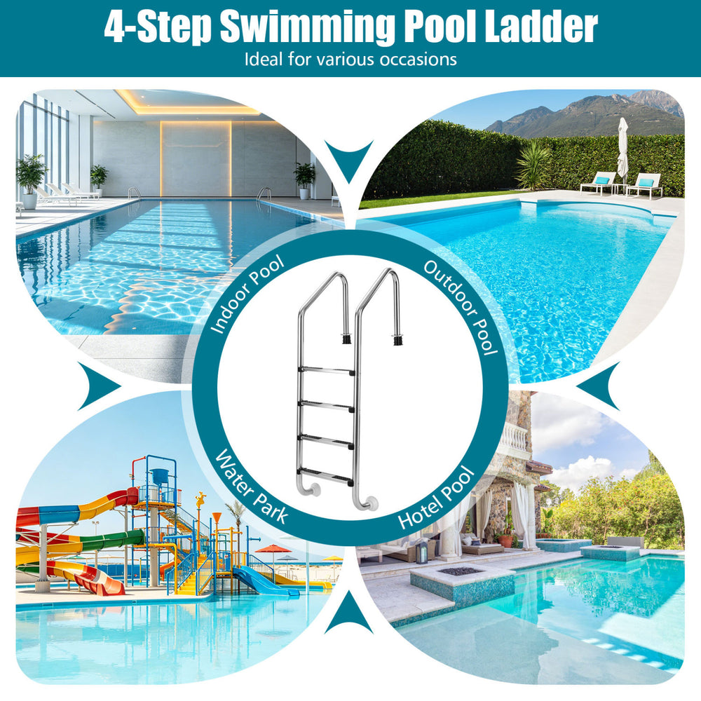 4-step stainless steel swimming pool ladder with anti-skid steps and curved handrails, perfect for indoor and outdoor pools.