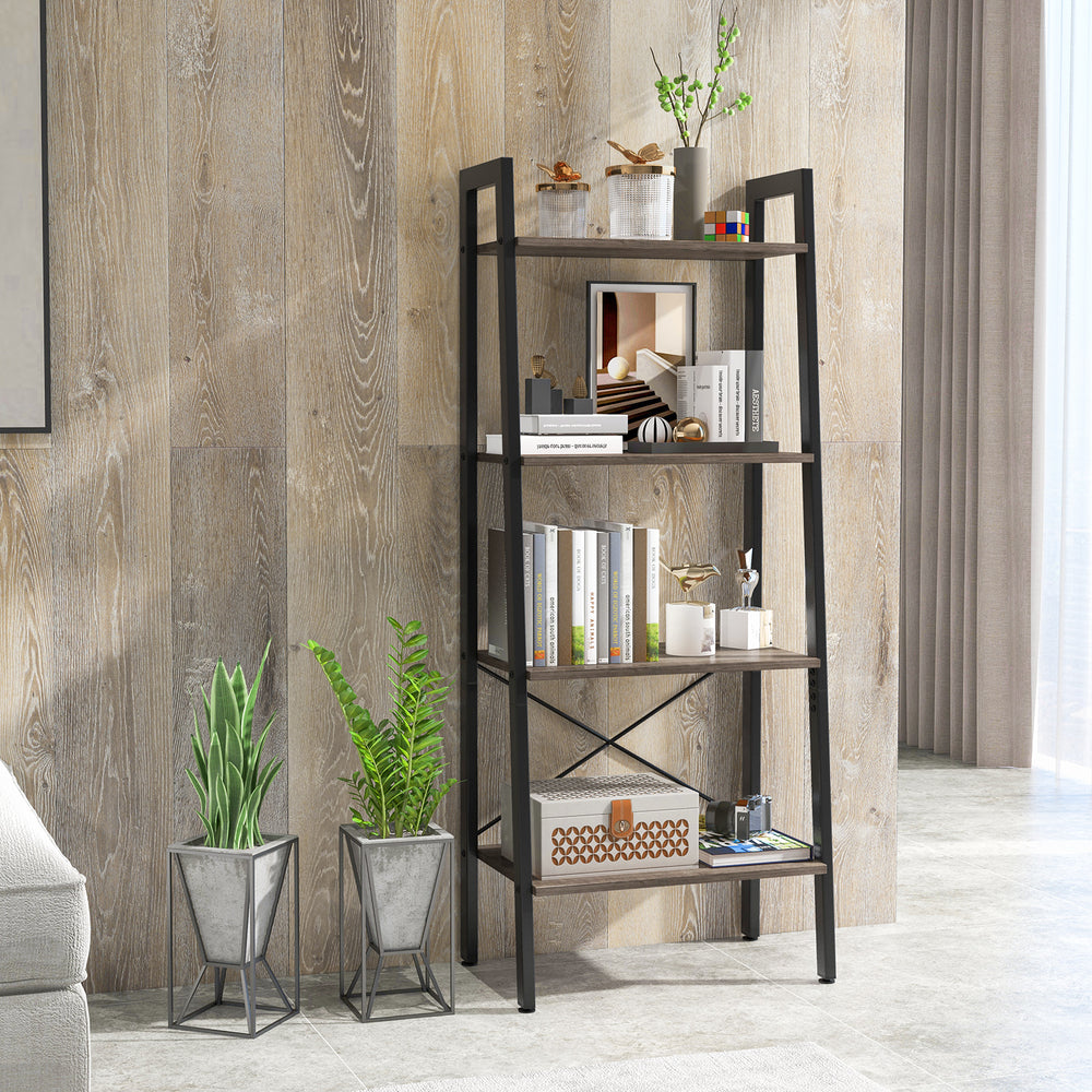 4-tier bookshelf with metal frame in oak finish, featuring adjustable foot pads, ideal for storage and display.