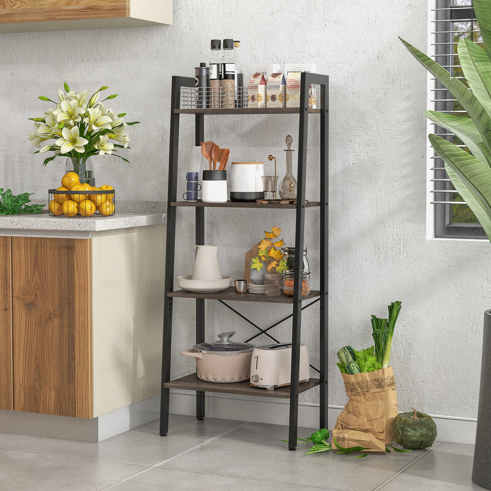 4-tier bookshelf with metal frame and oak shelves, ideal for storage and display in kitchens or living spaces.
